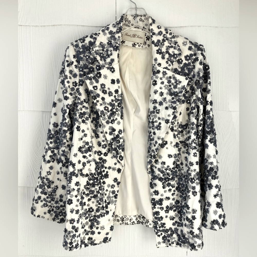 Randi Rahm Vintage White Floral Sparkly Blue Beaded Blazer